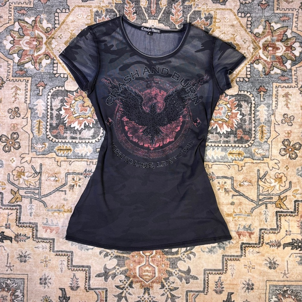 2000s Crash and Burn Camo Phoenix Graphic Mesh Top Rhinestone Small Y2K Grunge